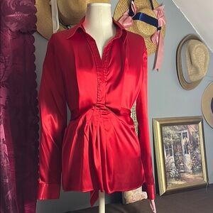 New York & Company Red Ruched satin feel blouse